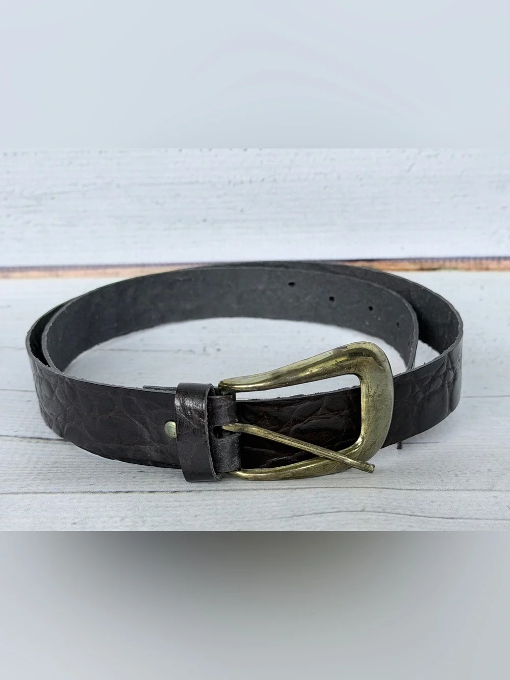 Vintage Distressed Leather Belt with Chunky Brass Buckle